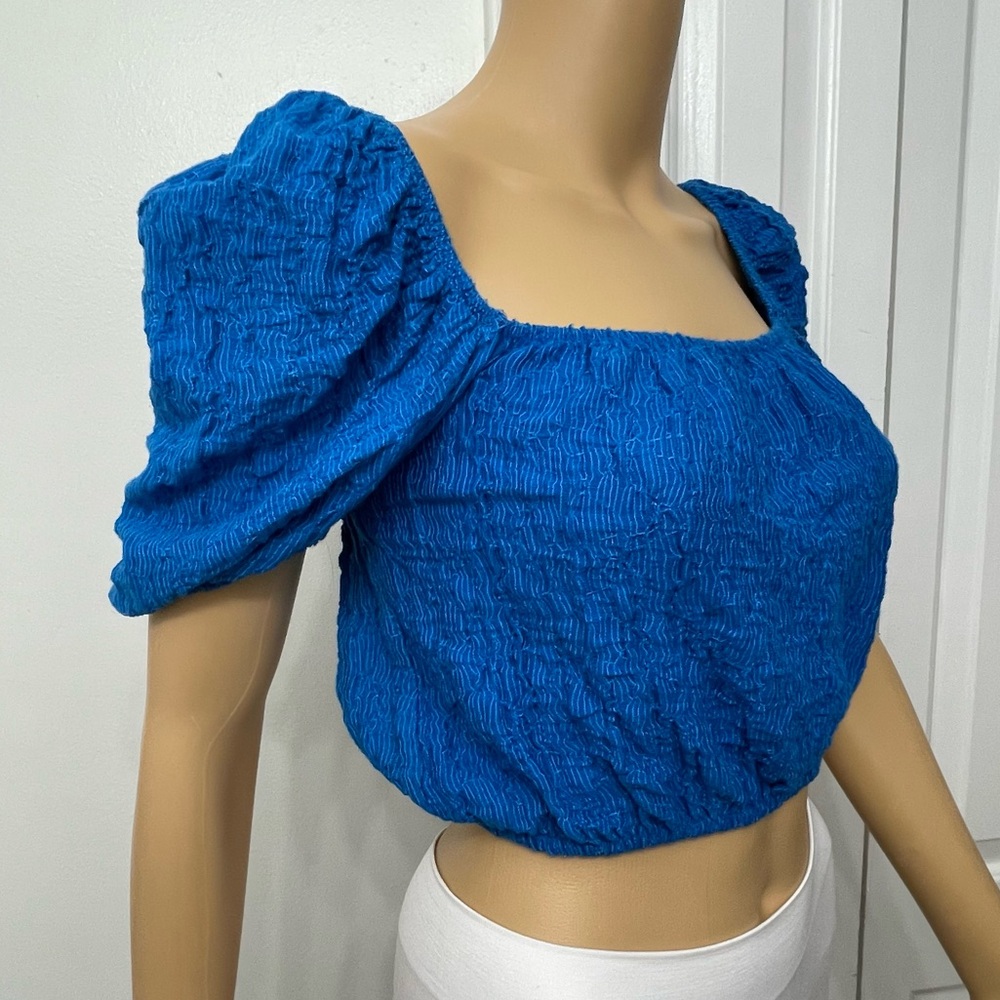 Zara Balloon Puff Sleeve Electric Blue Textured Crop Top Women’s Size S - Picture 5 of 9